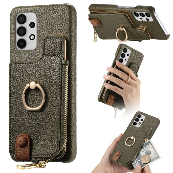 For Samsung Galaxy A52 Litchi Leather Oil Edge Ring Zipper Wallet Back Phone Case(Green)