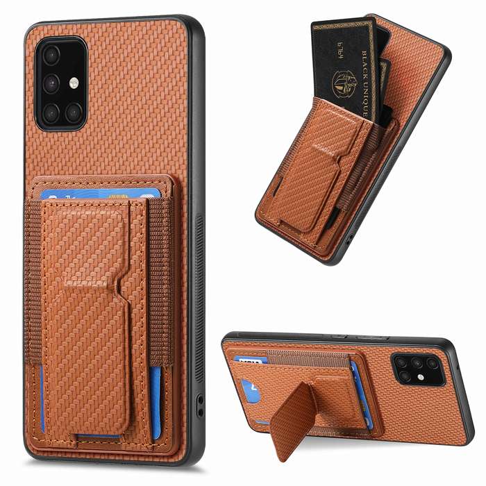 For Samsung Galaxy A71 4G Carbon Fiber Fold Stand Elastic Card Bag Phone Case(Brown)