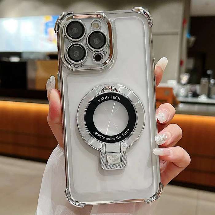 For iPhone 13 Pro Ultra-thin Electroplated Holder Magsafe Phone Case(Silver)