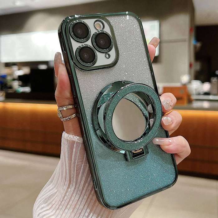 For iPhone 11 Pro Plated Mirror Holder Gradient Glitter Magsafe Phone Case(Green)