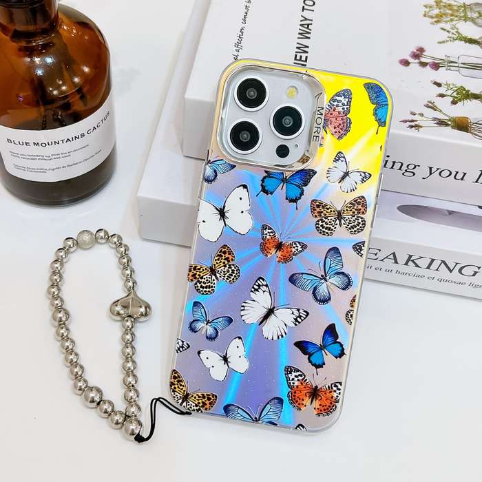 For iPhone 14 Pro Electroplating Laser Butterfly Phone Case with Wrist Strap(Color Butterflies