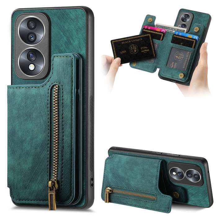 For Honor 70 Retro Leather Zipper Wallet Back Phone Case(Green)