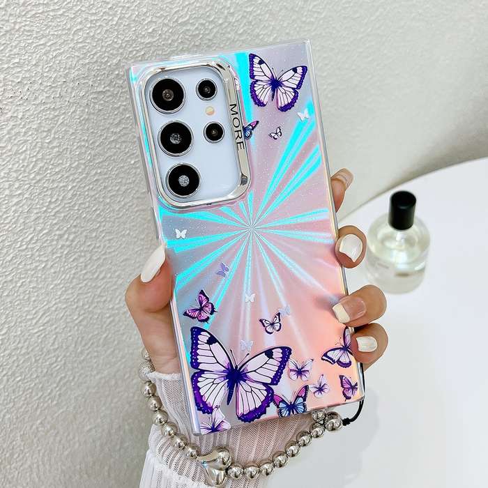 For Samsung Galaxy S23 Ultra 5G Electroplating Laser Butterfly Phone Case with Wrist Strap(Purp