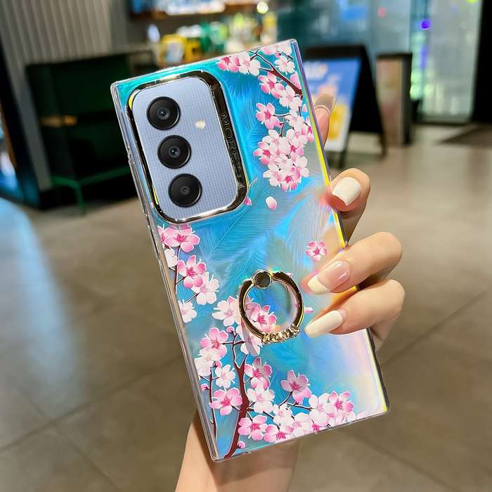 For Samsung Galaxy A25 5G Electroplating Laser Flower Ring Holder TPU Phone Case(Peach Blossom