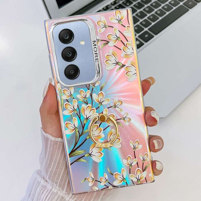 For Samsung Galaxy A25 5G Electroplating Laser Flower Ring Holder TPU Phone Case(Pear Blossom A