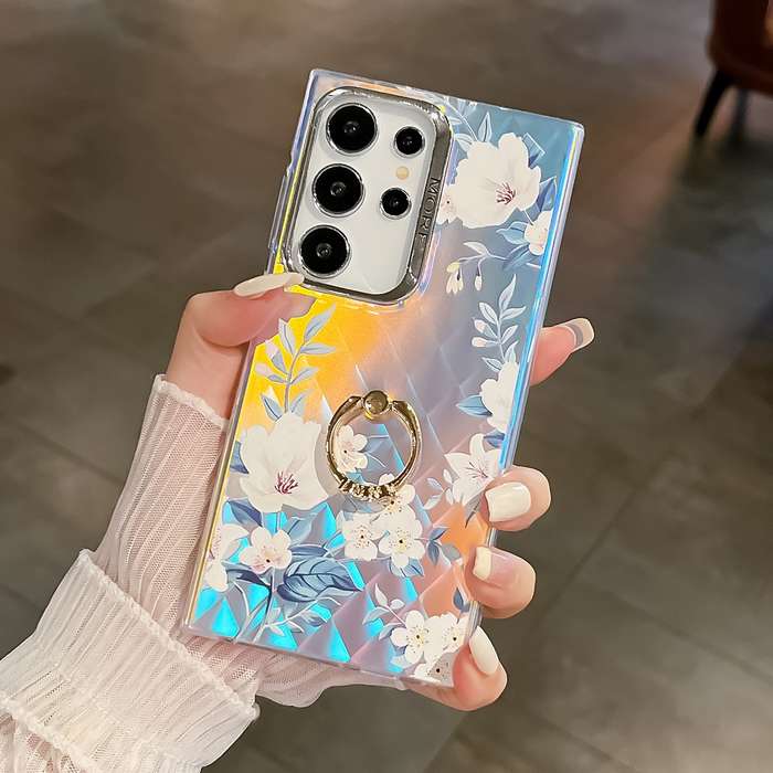 For Samsung Galaxy S23 Ultra 5G Electroplating Laser Flower Ring Holder TPU Phone Case(White Fl