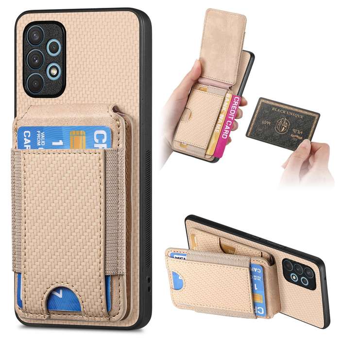 For Samsung Galaxy A32 4G Carbon Fiber Vertical Flip Wallet Stand Phone Case(Khaki)