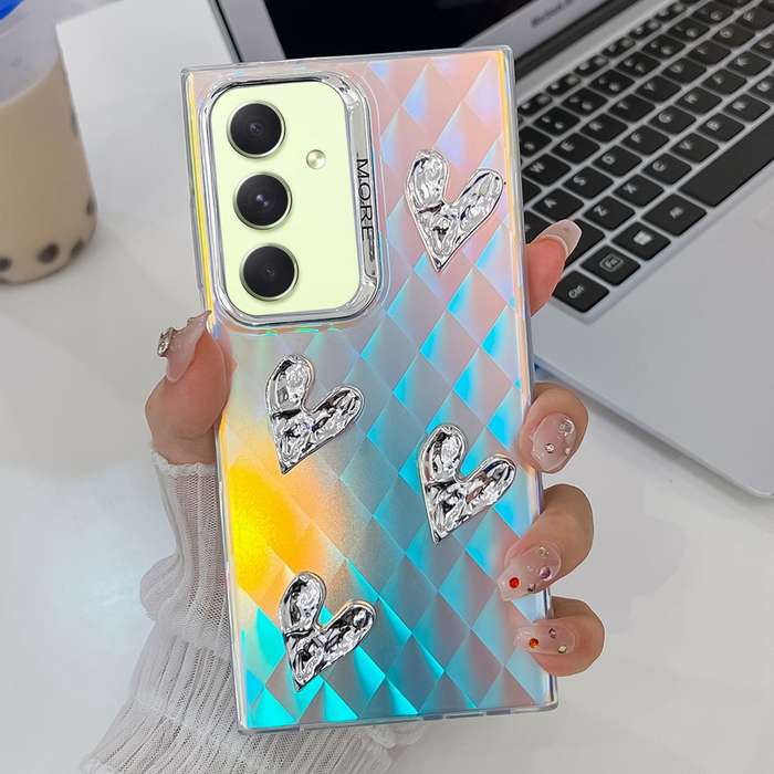 For Samsung Galaxy A54 5G Electroplating 4-Heart Laser Texture TPU Phone Case(Plaid)