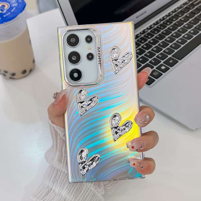 For Samsung Galaxy S23 Ultra 5G Electroplating 4-Heart Laser Texture TPU Phone Case(Water Rippl
