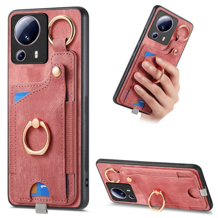 For Xiaomi 13 Lite Retro Skin-feel Ring Card Bag Phone Case with Hang Loop(Pink)