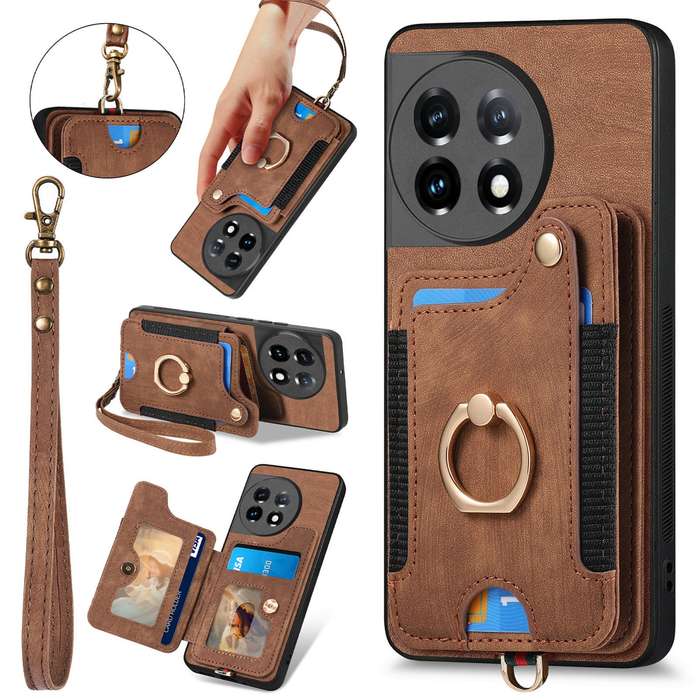 For OnePlus 11 Retro Skin-feel Ring Multi-card RFID Wallet Phone Case(Brown)