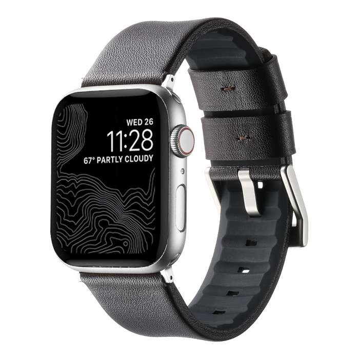 For Apple Watch SE 2023 44mm Genuine Leather Hybrid Silicone Watch Band(Coffee+Sliver Buckle)