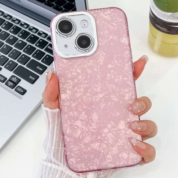 For iPhone 15 Plating Glitter Texture TPU Phone Case with Lens Film(Pink Shell Pattern)