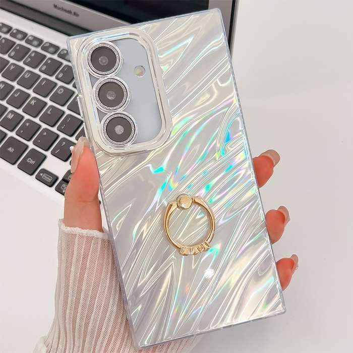 For Samsung Galaxy A35 5G Plating Glitter Texture Ring Holder TPU Phone Case with Lens Film(Whi