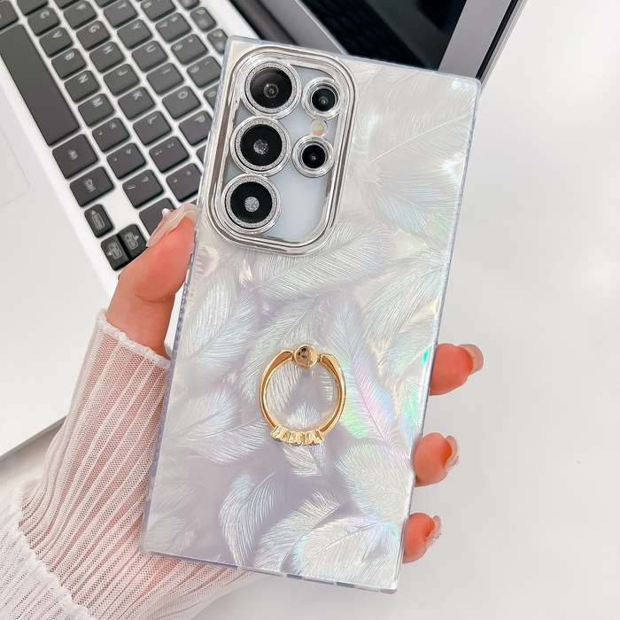 For Samsung Galaxy S24 Ultra 5G Plating Glitter Texture Ring Holder TPU Phone Case with Lens Fi