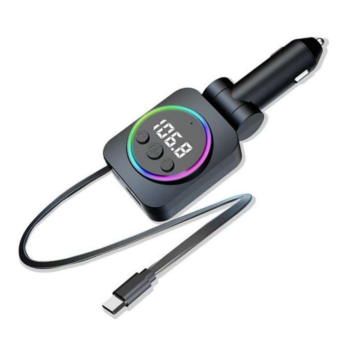 C76 Retractable Cable PD 30W Car Charger Cigarette Lighter Adapter Bluetooth FM Transmitter