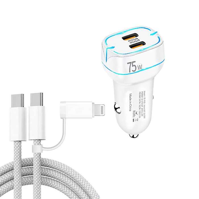 P65 75W Dual Port USB-C / Type-C Car Charger with Type-C to Type-C / 8 Pin Data Cable(Black)
