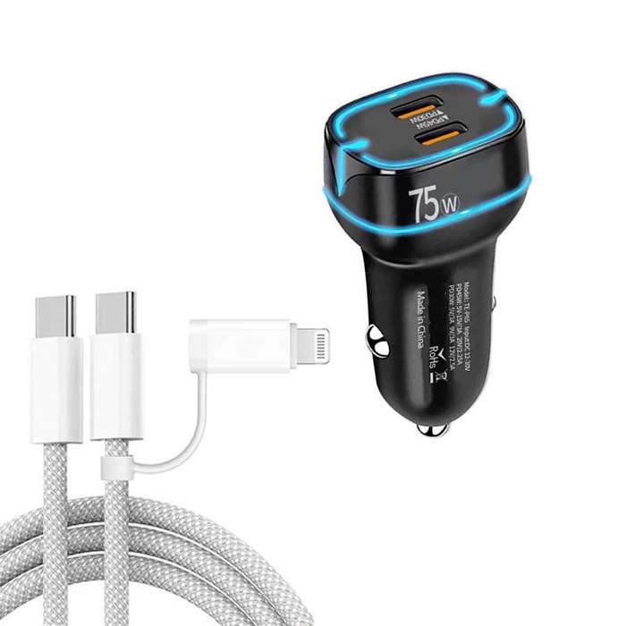 P65 75W Dual Port USB-C / Type-C Car Charger with Type-C to Type-C / 8 Pin Data Cable(Black)