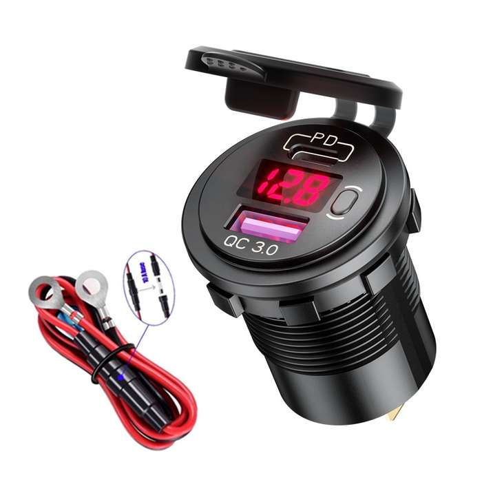 12V Modified Car USB Charger With Voltage Display PD QC3.0 Socket(With 60cm Line Green Light)