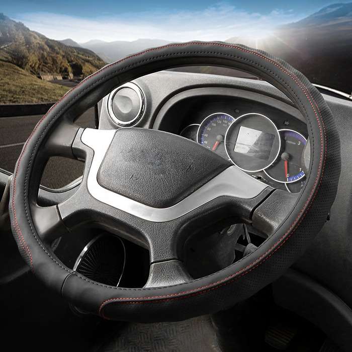42cm Leather Truck Steering Wheel Cover(Black Red Line)