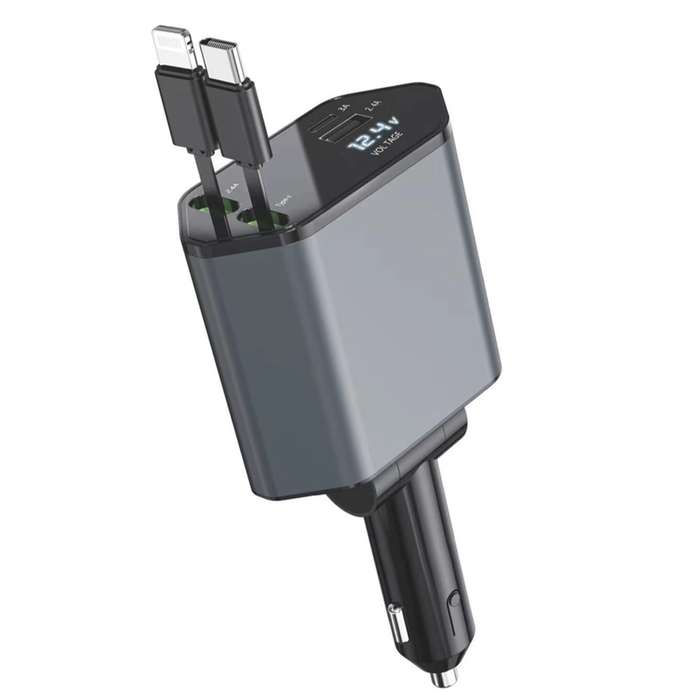 4-In-1 120W Multifunctional USB Retractable Dual-Line Digital Display Car Fast Charger(8 Pin + Type-