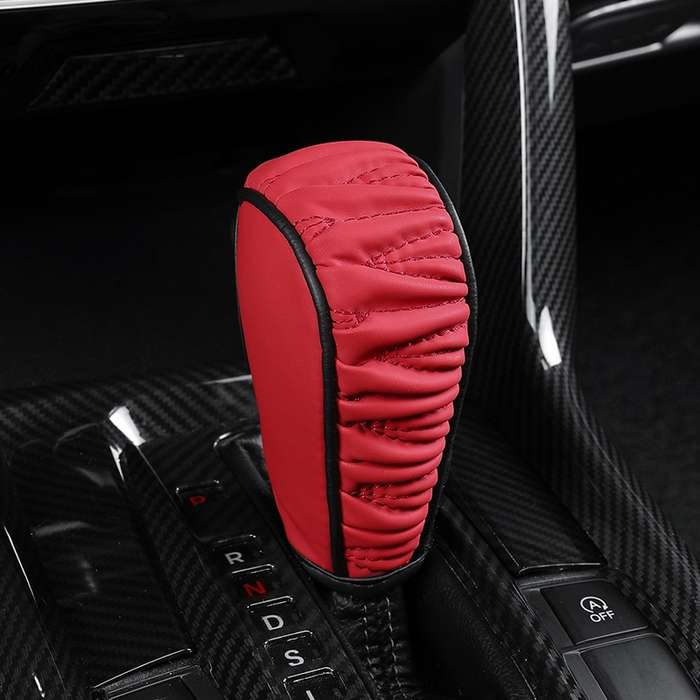 Car Universal Leather Gear Sleeve Breathable Gearshift Cover, Style: Automatic Gear Red With Black L