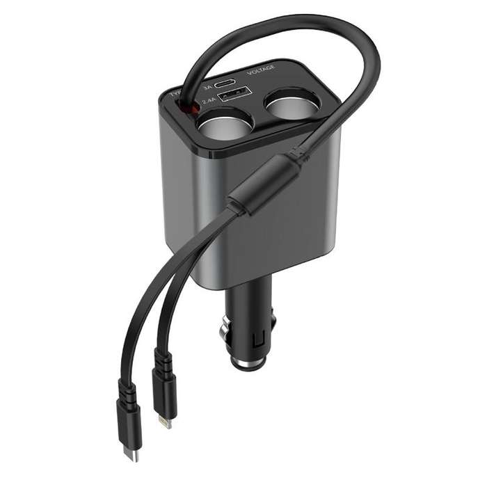 120W 1 To 2 Retractable USB Car Fast Charging Charger With Cigarette Lighter(8 Pin+TYPE-C)