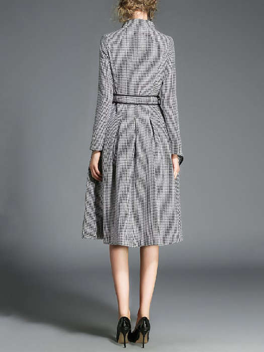Women's Fashion Knee-Length Trench Coats Elegant Long Sleeve Houndstooth Pattern Jackets