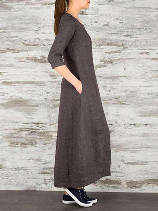 Plus Size Work Pure Color Crew Neck Three Quarter Sleeve Maxi Dress
