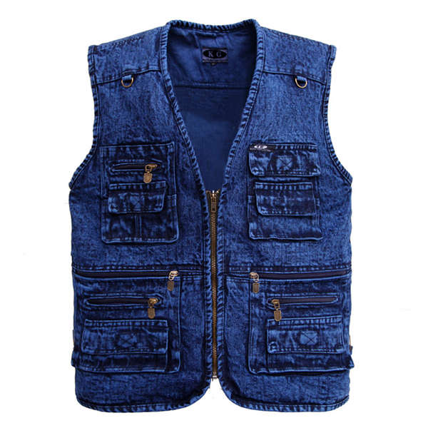 Mens Denim Multi-pocket Fishing Photography Outdoor Vest (COLOR: BLUE | SIZE: 2XL)