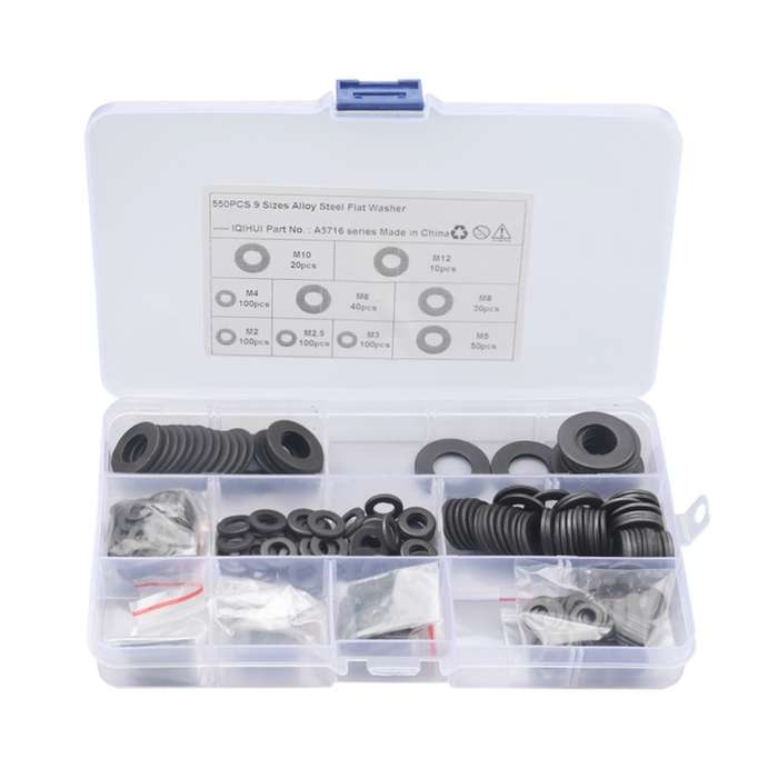 A5716 550 PCS 9 Sizes Black Carbon Steel Flat Washers Set