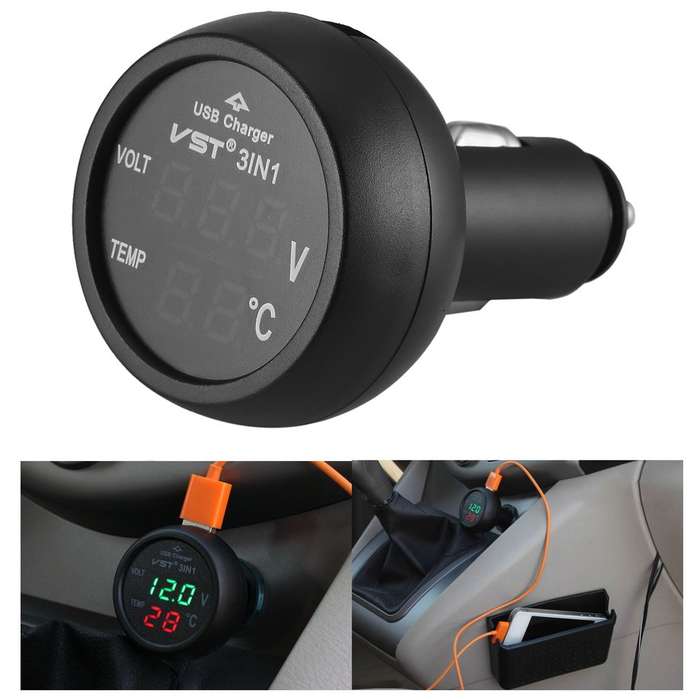 3 in1 Digital LED USB Car Charger, Voltmeter Thermometer ,Car Battery Monitor 12V B