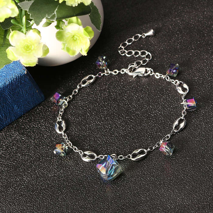 JASSY Elegant Platinum Plated Colorful Crystal Cube Pendant Anklet Anallergic Best Gift for Women