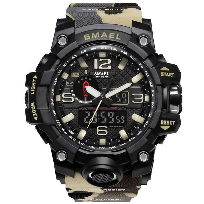 SMAEL 1545 Waterproof Camouflage Military PU Digital Watch LED Digital Dual Display Electronic Watch
