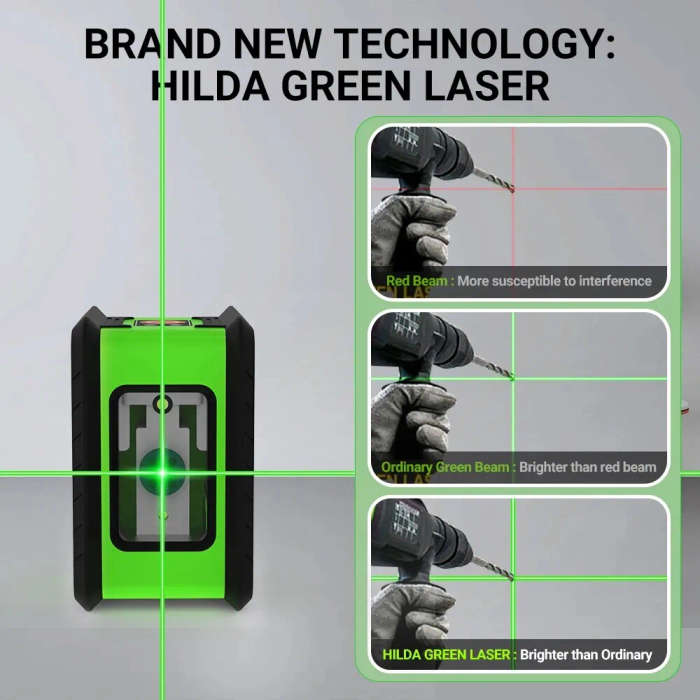 HILDA Compact Green Laser Level - 2-Line High Precision Self-Leveling Tool with Infrared Beam