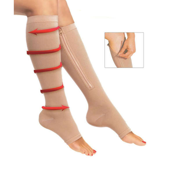 1 Pair Zip Sox Compression Socks Zipper Leg Support Knee Stockings Open Toe (Color Beige SIZE. S)