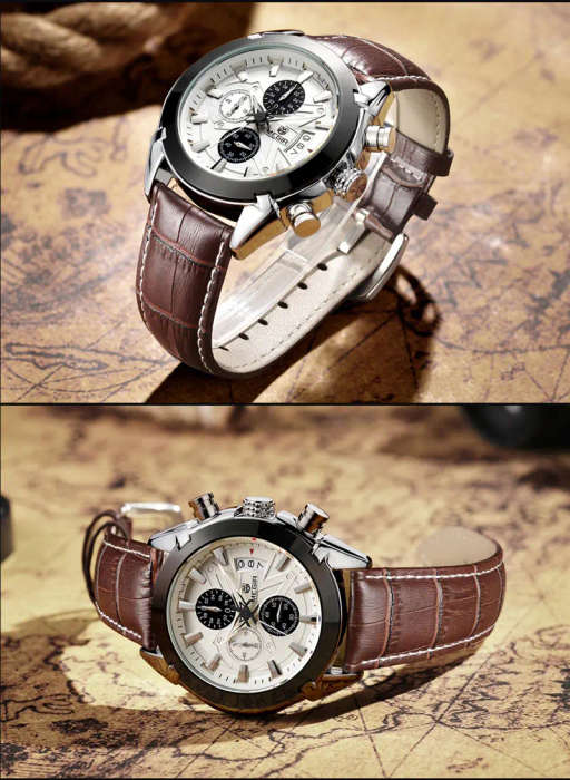 MEGIR M2015 Men Watch Leather Strap Multifunction Chronograph Fashion Casual Quartz Wrist Watch