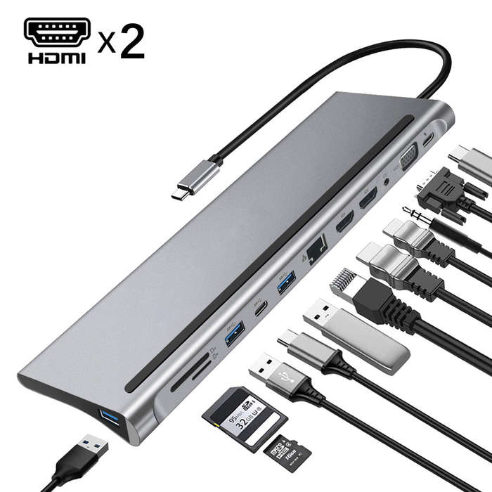 12 In 1 Tri Display USB Type-C Hub Docking Station with Dual 4k HDMI