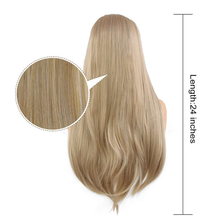 24 Inches Front Lace Wig Light Brown Blonde Ombre Straight  Hair Chemical Fiber
