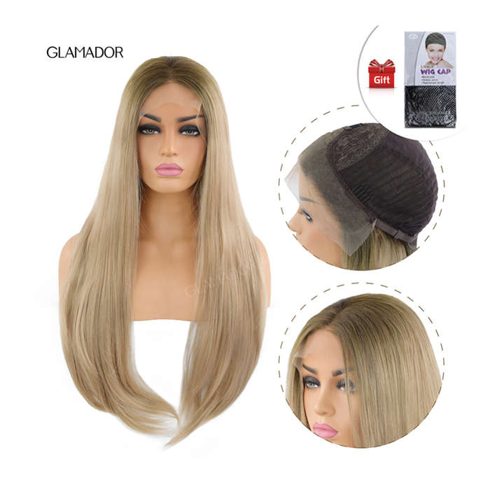 24 Inches Front Lace Wig Light Brown Blonde Ombre Straight  Hair Chemical Fiber