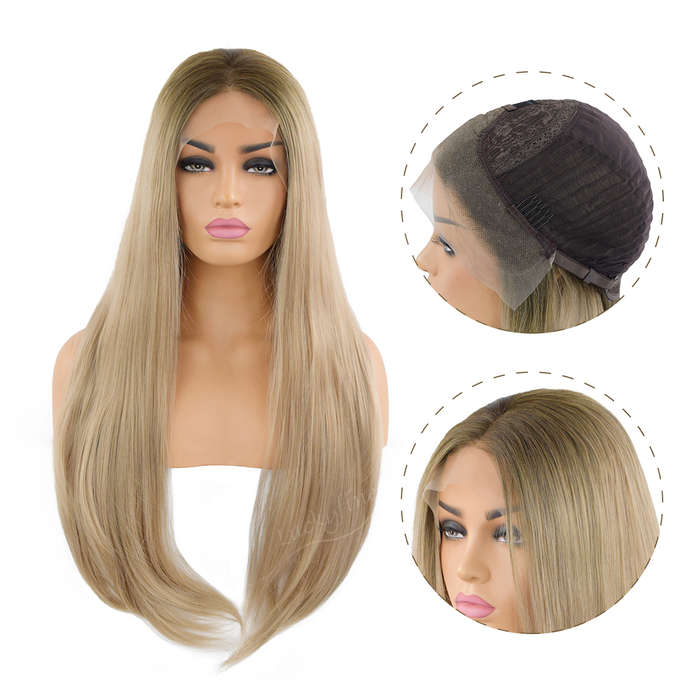24 Inches Front Lace Wig Light Brown Blonde Ombre Straight  Hair Chemical Fiber