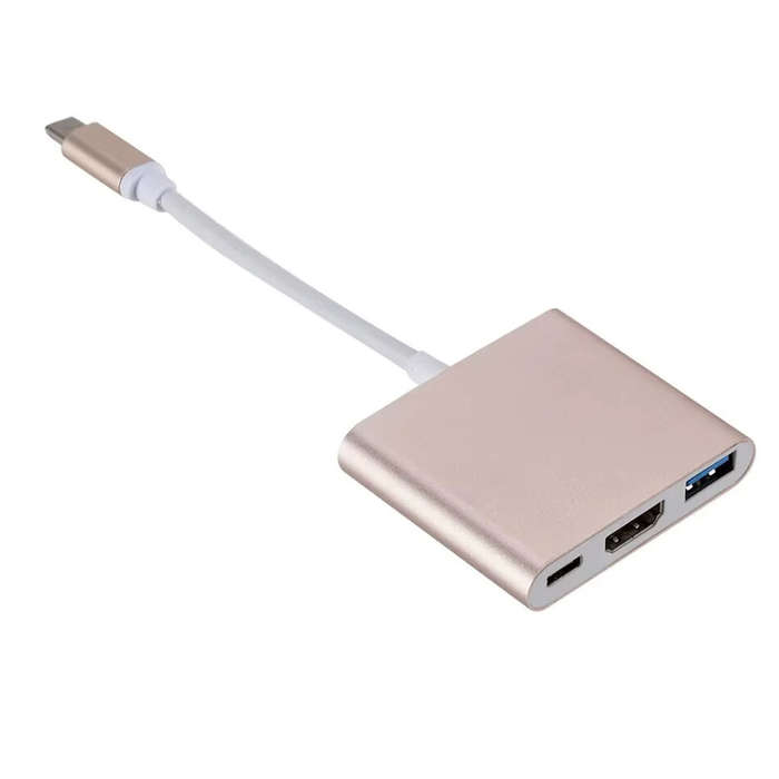 Silver - USB 3.1 Converter USB-C to HD Adapter Hub 3-in-1 Type-C to HDMI/USB 3.0/Type-C Aluminum for