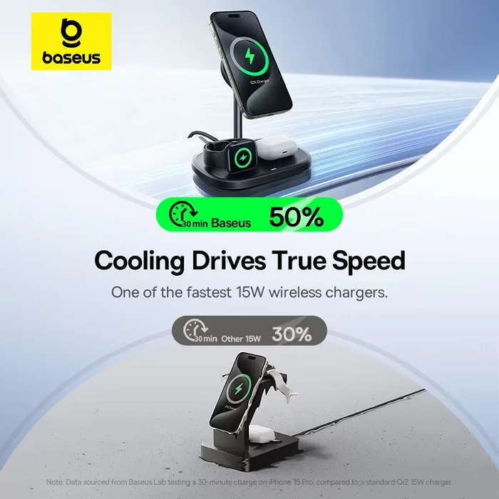 Black - Baseus EnerFill FS41 15W 3-in-1 Magnetic Wireless Charger Fast Wireless Charging Stand with