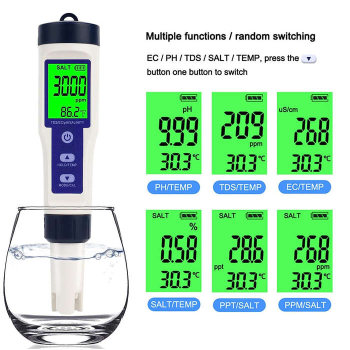 5 in1 Pool Salt Tester Digital Salinity Meter High Accuracy IP67 Waterproof with PPM PPT % Display A