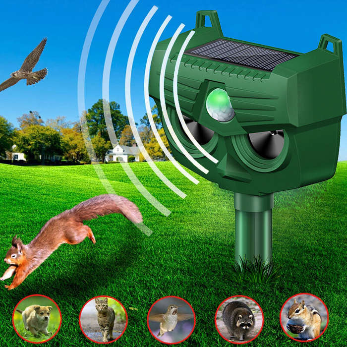 AGSIVO Solar Animal Repeller Ultrasonic Animal Repellent with PIR Motion Sensor and LED Flash Light