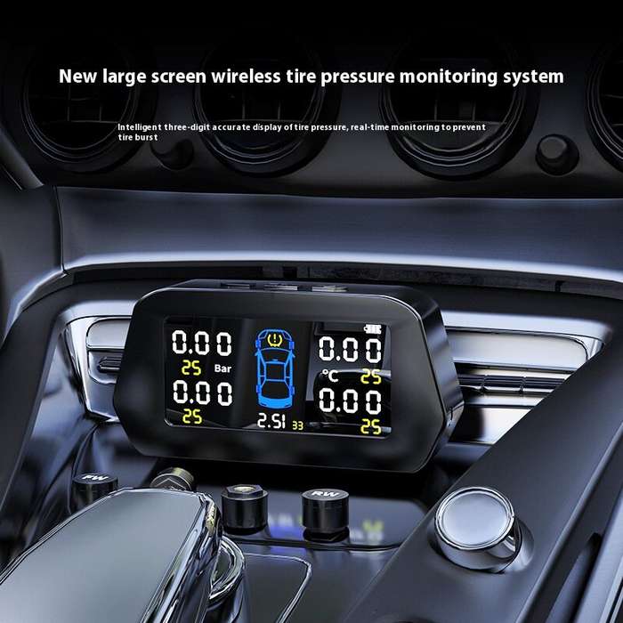 1 - Solar Powered Tire Pressure Monitoring System Car TPMS With 4 External Sensors 6 Alarm Functions