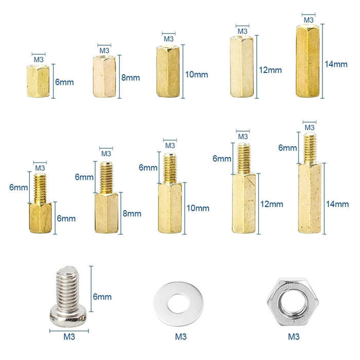 Kit - 910Pcs M3 Copper Standoff Screws Nuts Washers Assortment Kit 6mm to 14mm Standoffs for PCB Mou