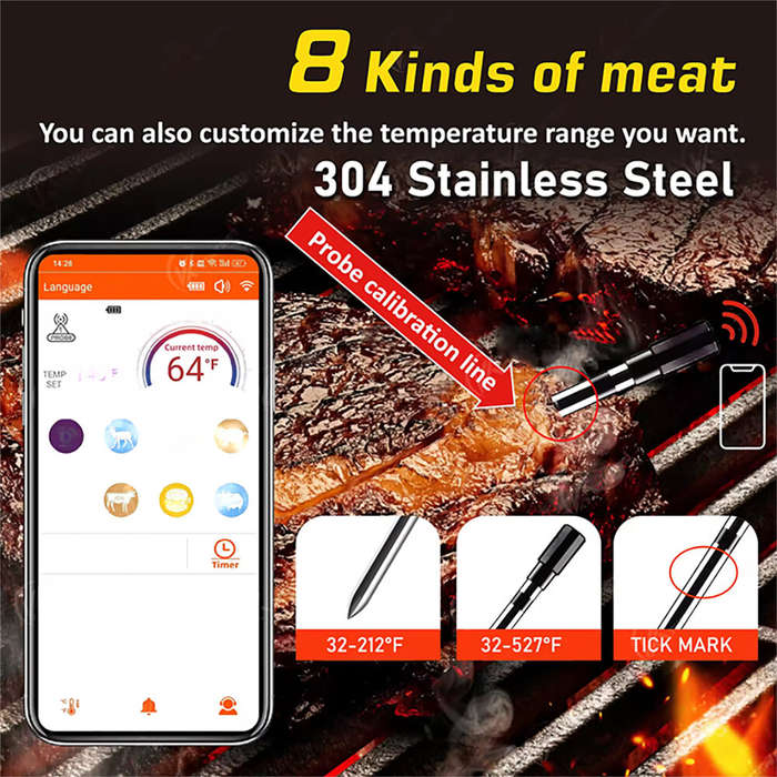 Grey - -4F to 212F Bluetooth Wireless Meat Steak Food Electronic Thermometer Grill Probe Smart Meat