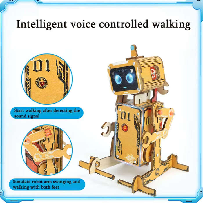 Yellow - Wooden Puzzles DIY Voice-controlled Robot Assembly Kit STEM Science Educational Experiment