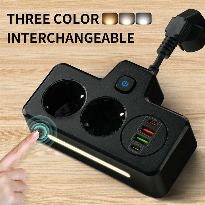 White - EU Power Strip Wall Socket Expansion Plug with 2 AC+2USB-A+2Type-C PD QC3.0 Fast Charging Mu
